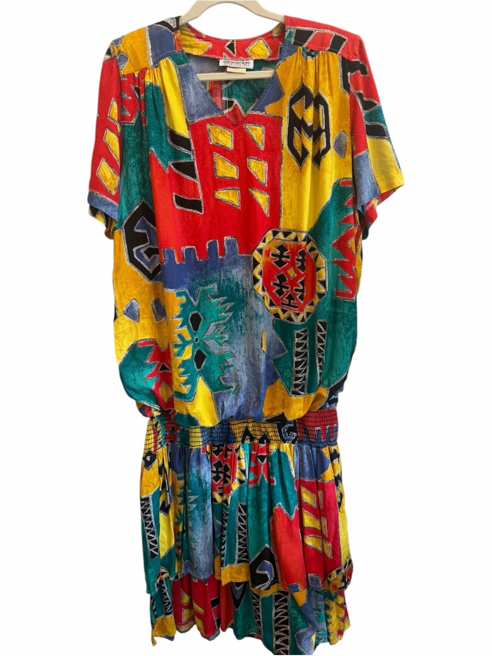 Vintage Sharon Anthony 1980s Midi Dress Geometric Colorful Kitsch size 18 XL